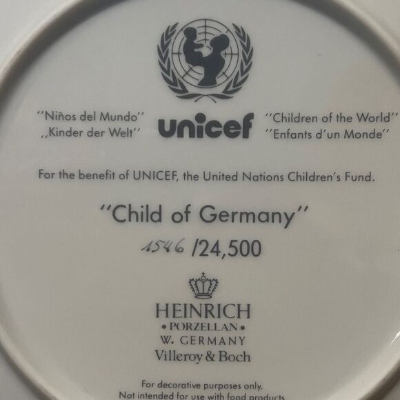 UNICEF Collector Plate Child Of Germany Plate #13 By Villeroy & Boch Ceramic EUC - Picture 3 of 3